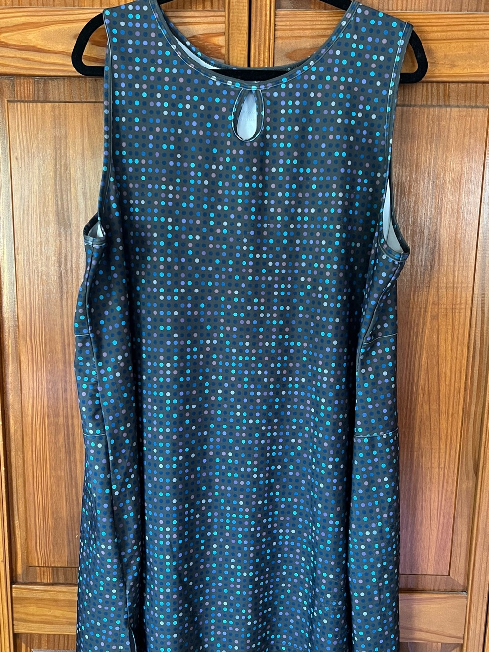 Black Sleeveless Shift Dress with Teal and Blue Dot Print -RuuMuu